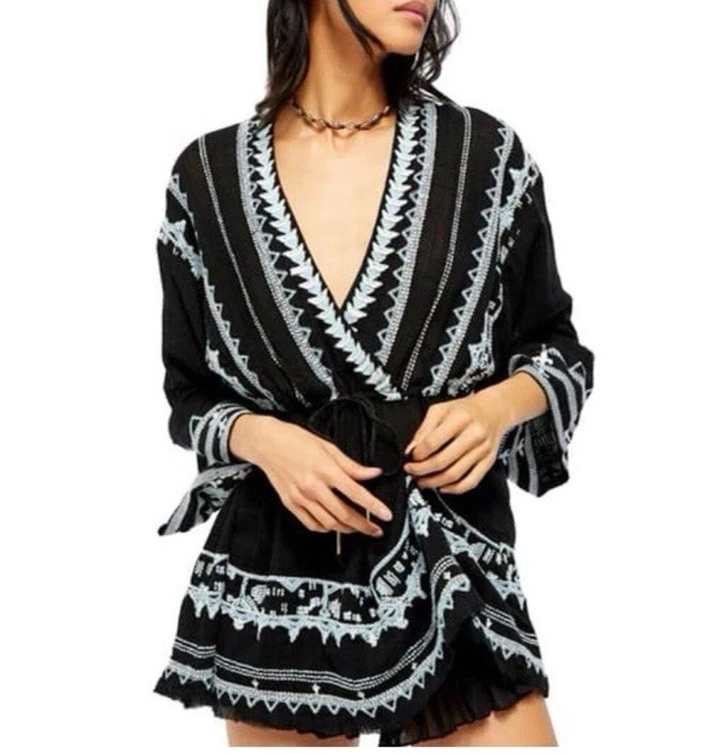 Free People Saffron Embroidered Tunic Or Mini Dress in Black Women’s Size Small